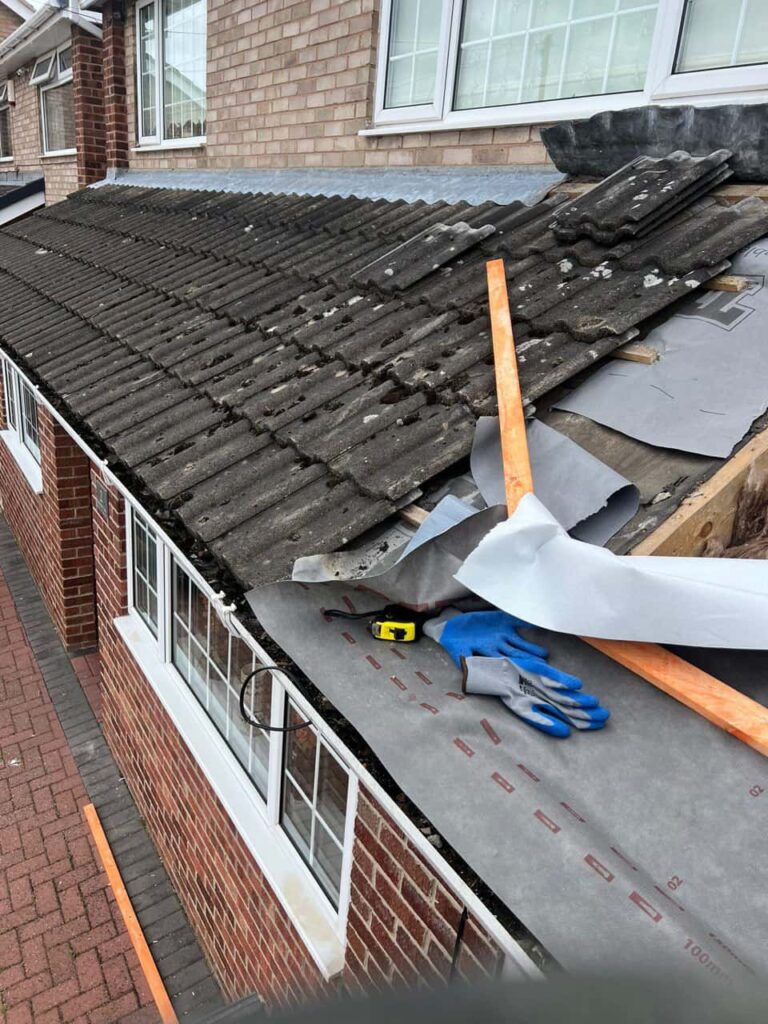 This is a photo of a pitched roof which is being repaired. The existing roof was leaking badly. Works carried out by Stoneygate Roofing Repairs